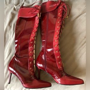 Dior red patent monogram embossed knee length boots, size 35.5
